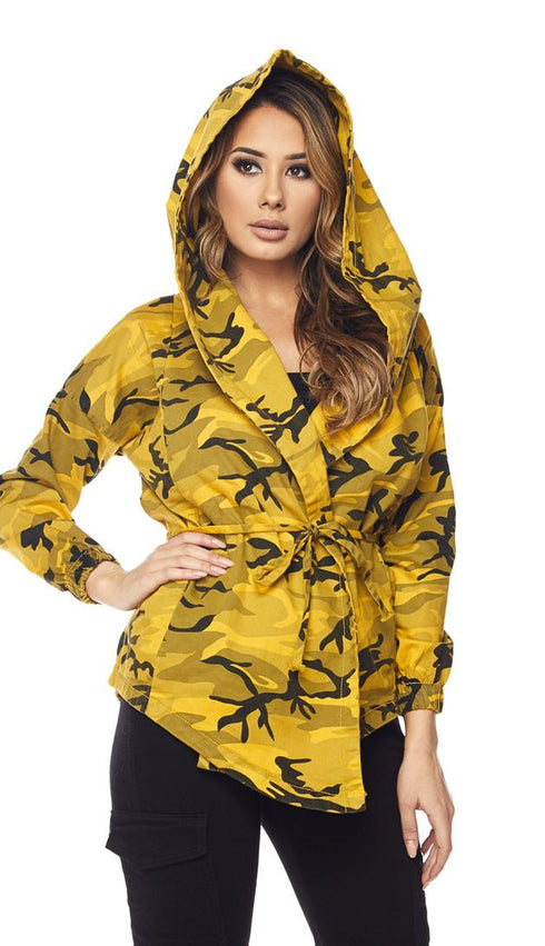 Yellow Camouflage Draped Hooded Jacket - SohoGirl.com